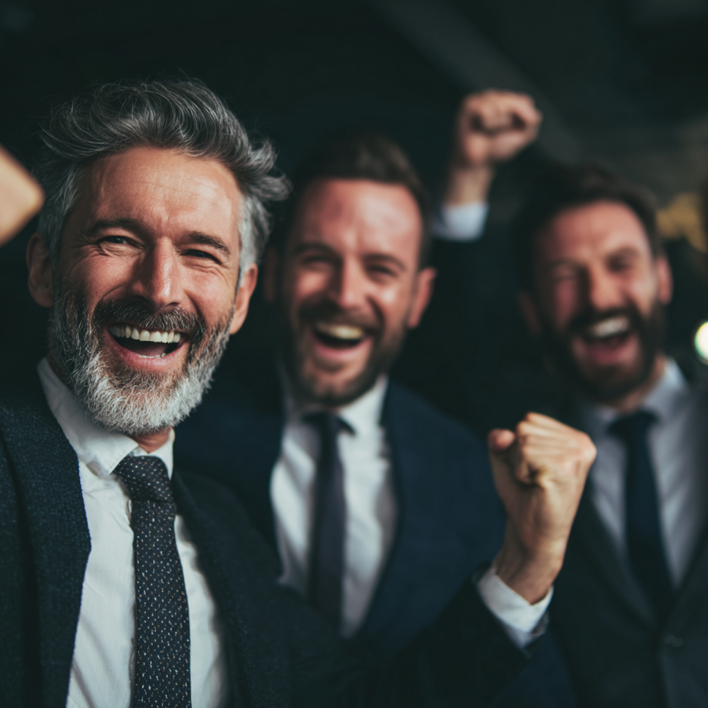 Group of successful men celebrating achievements together in modern setting