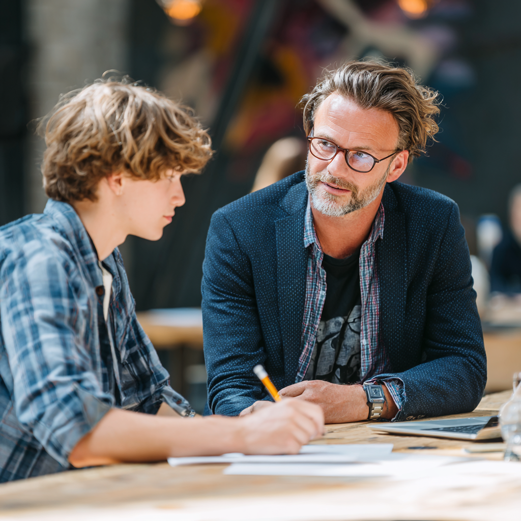 Professional male mentor coaching ambitious student in modern environment